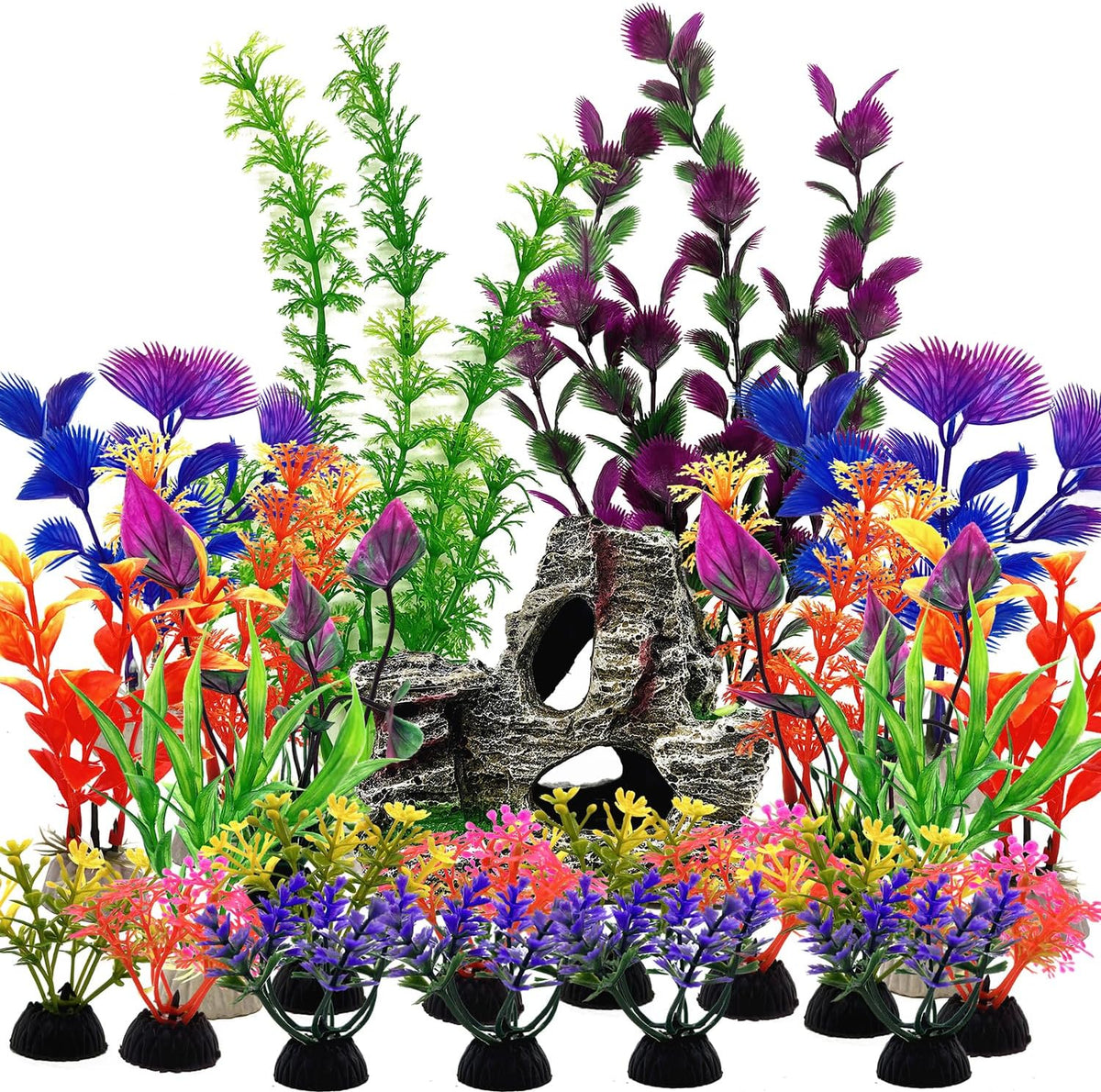 25 PCS Aquarium Plants & Rock Cave Decorations Set – Colorful Fish Tank Plastic Plants Ornaments with Resin Rock