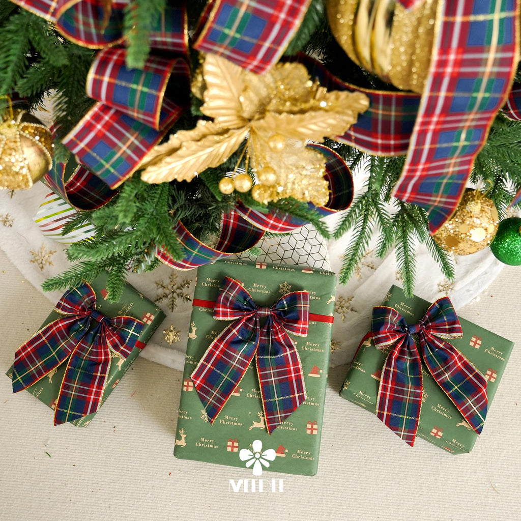 Tartan Plaid Wired Ribbon 2-1/2" Wide with 25 Yards Red Crimson & Navy Blue Scottish Plaid with Metallic Threads