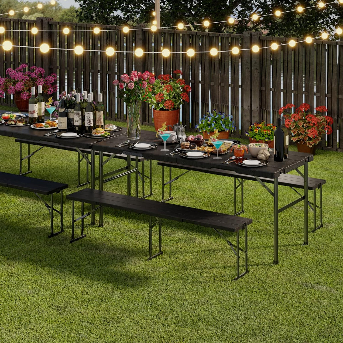Folding Table with 2 Benches Set, 6FT Picnic Table with 2 Chairs, 3pcs Plastic Camping Tables and Foldable Bench Sets