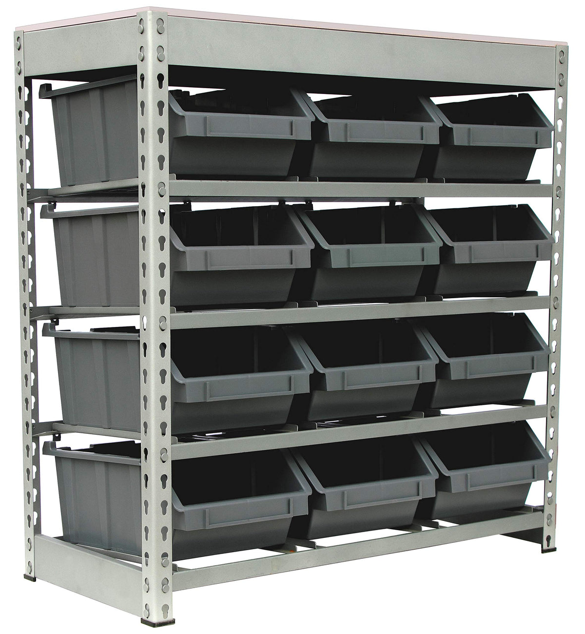 Bin Rack Boltless Steel Storage System Organizer w/ 12 Plastic Bins in 4 tiers