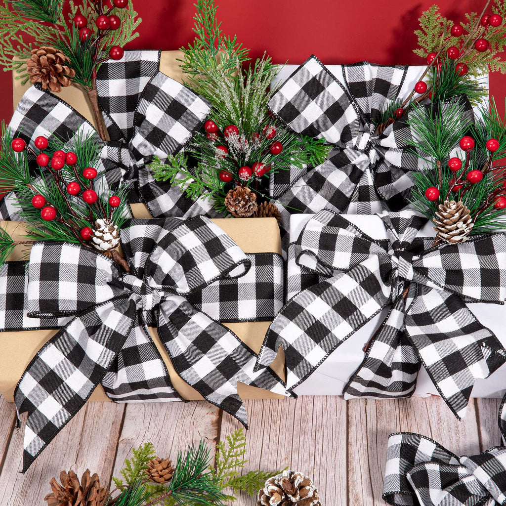 2 Rolls Wired Edge Plaid Ribbon Buffalo Check Ribbon White Black Plaid Ribbon 2.5" Wide Farmhouse Craft Ribbon for
