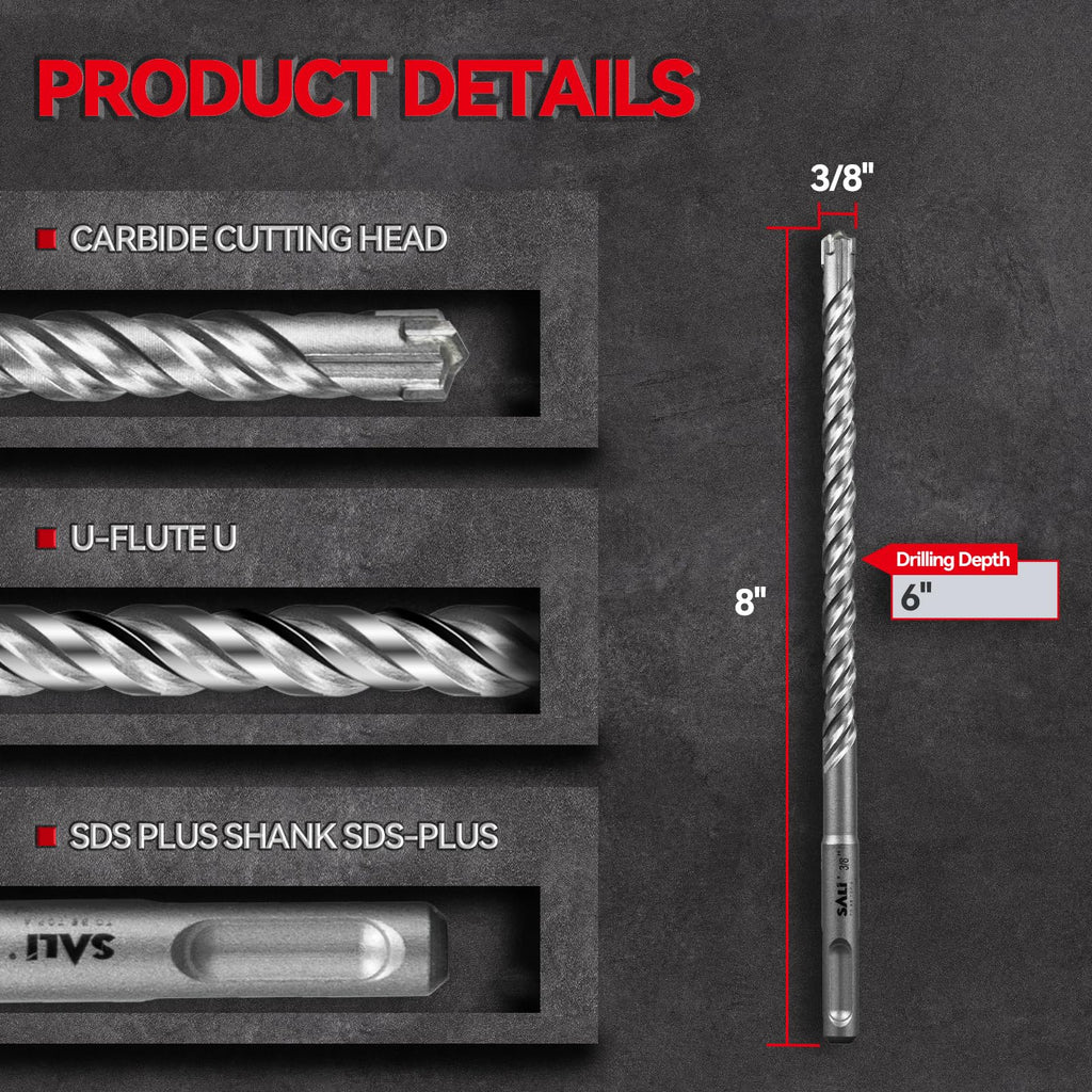 SALI 10PCS 3/8"*8" SDS Plus Rotary Hammer Drill Bit Concrete Drill Bit Kit Cross-Type Double Thread Carbide Material Suitable for Brick, Cement Walls, Stone, Hammer Drill Bits