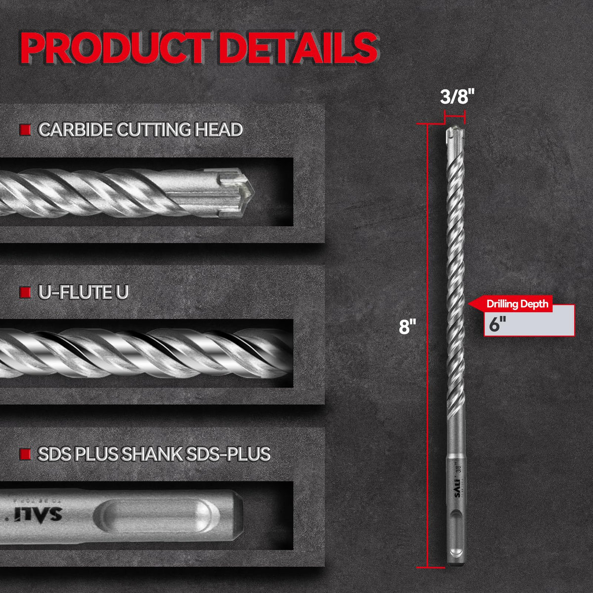 SALI 10PCS 3/8"*8" SDS Plus Rotary Hammer Drill Bit Concrete Drill Bit Kit Cross-Type Double Thread Carbide Material Suitable for Brick, Cement Walls, Stone, Hammer Drill Bits