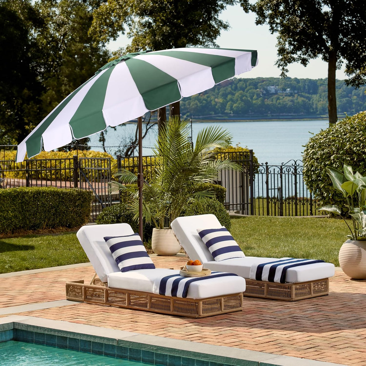 Outdoor Patio Furniture Collection – Buti 9 Ft Crank Patio Umbrella, Green Stripe & Brown Pole, Market Umbrella with