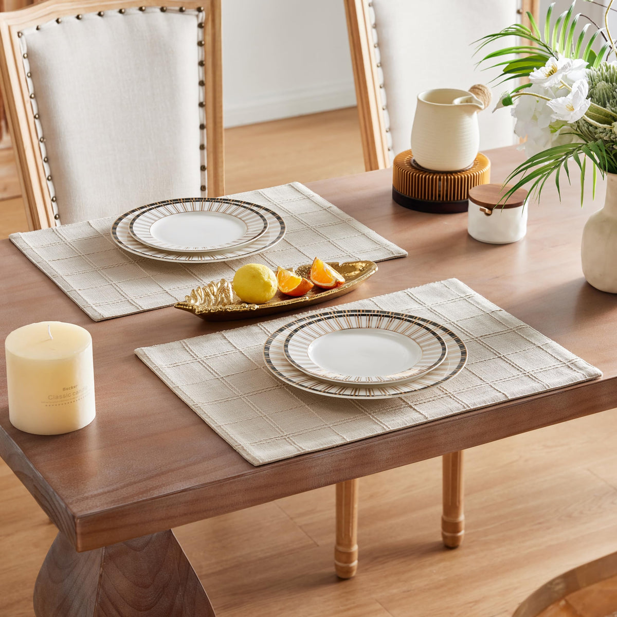 Linen Checked Farmhouse Placemats Set of 6, Neutral Beige 13x19in