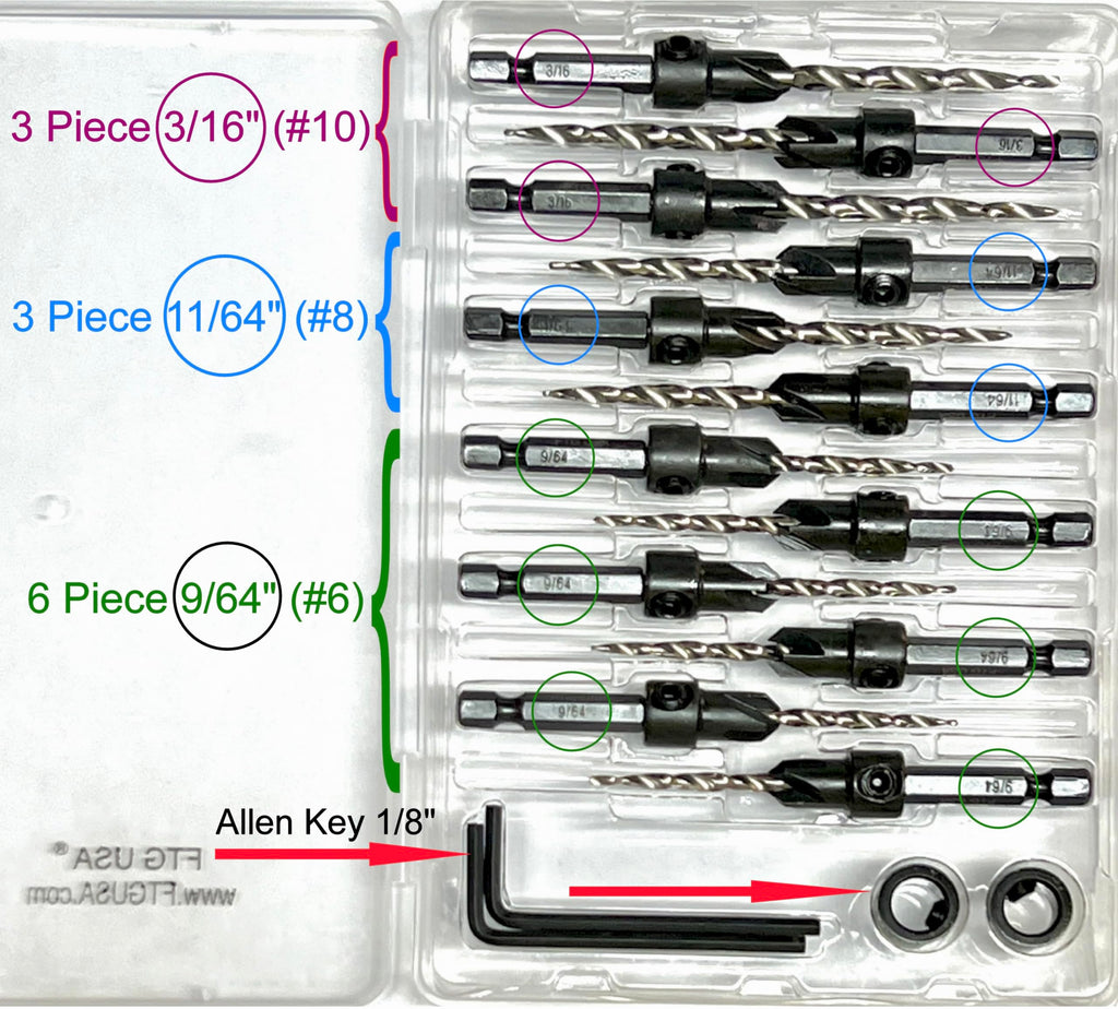 FTG USA Countersink Drill Bit Set 6 Pc #6, 3 Pc #8, 3 Pc #10, Tapered Bits