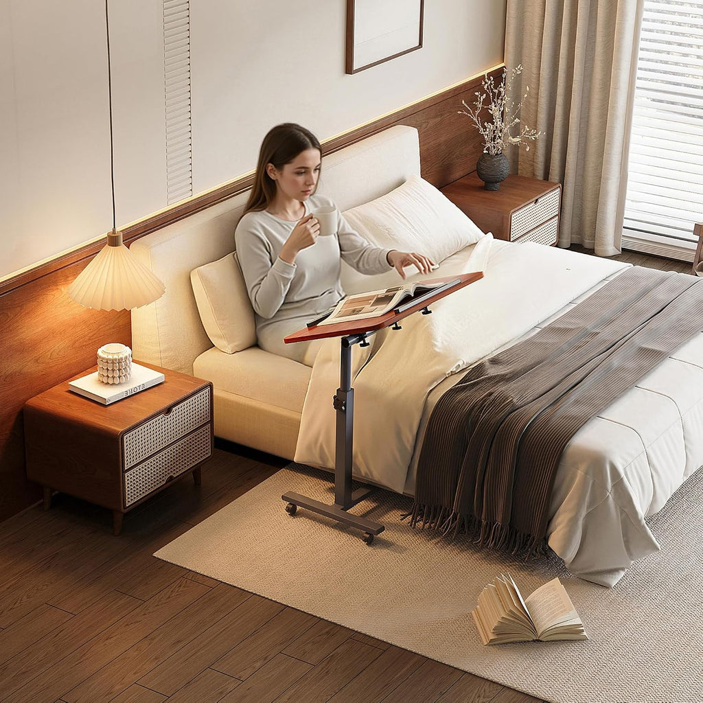 Overbed Table with Wheels, Height Adjustable Hospital Bed Table with Tilting Top, Rolling Bedside Laptop Desk for
