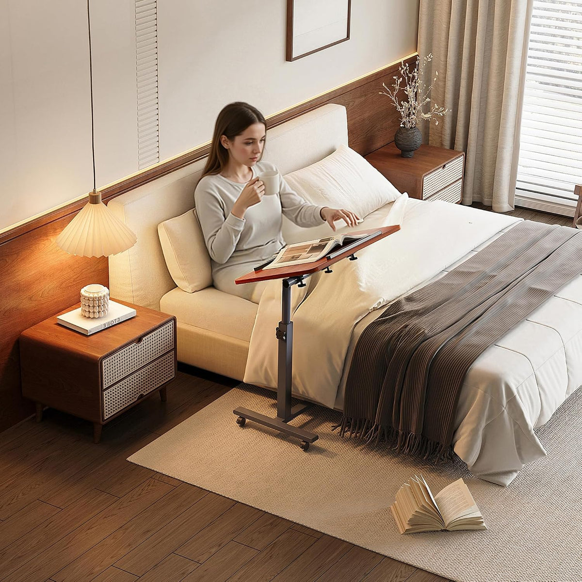 Overbed Table with Wheels, Height Adjustable Hospital Bed Table with Tilting Top, Rolling Bedside Laptop Desk for