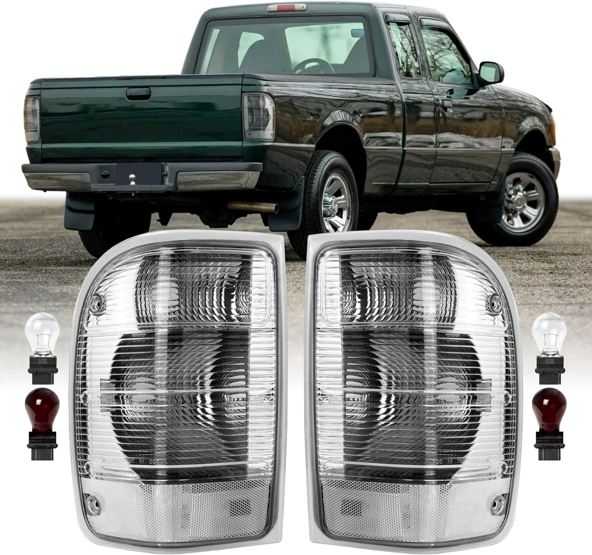 USR UNIQUE STYLE RACING 01-05 PJ PickUp Tail Light – Rear Lamps (Left + Right) Pair - Compatible with 2001-2005 Ford Ranger Pick Up Truck with Standard Bed - 3rd Gen (CLEAR LENS with COLOR BULBS)