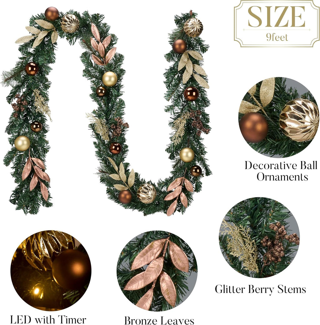 9 Ft Pre-Lit Christmas Garland with Lights for Mantle