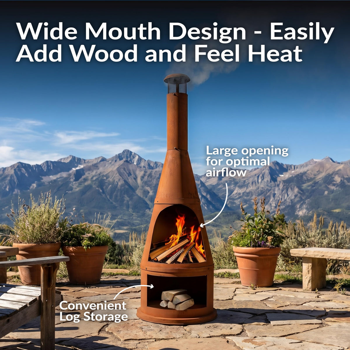 Sunnydaze 70" Extra Large Chiminea Outdoor Fireplace with Built-in Log Rack