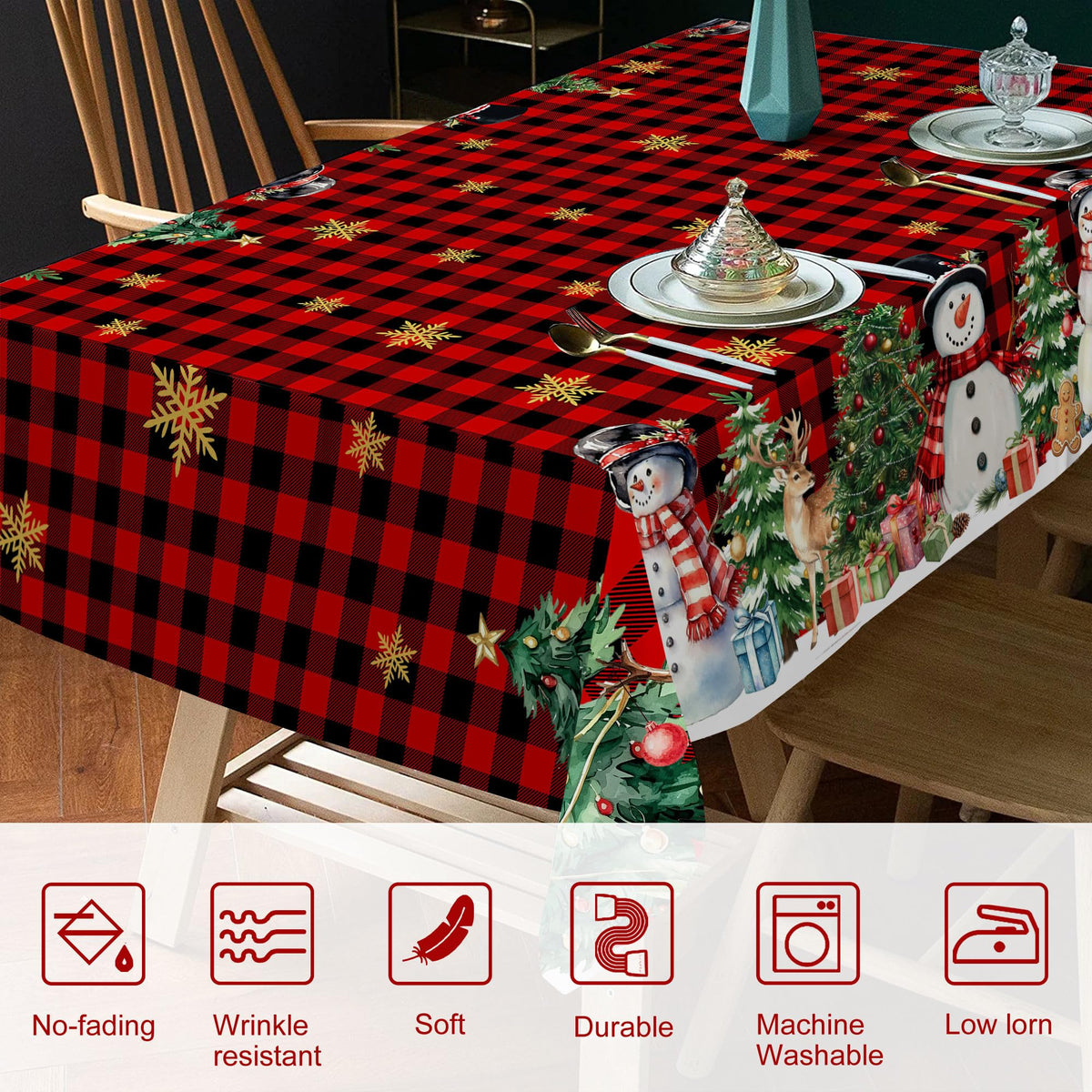 Round Christmas Tablecloth 70 Inch, Snowman Table Cloth Red Xmas Indoor Decorations for Dining Room Party
