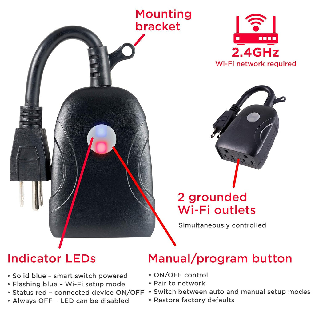 Outdoor Smart Plug, 2 Grounded Outlets, Black, 1 Pack | Outdoor Use, Weather Resistant, Simultaneous Outlet Control