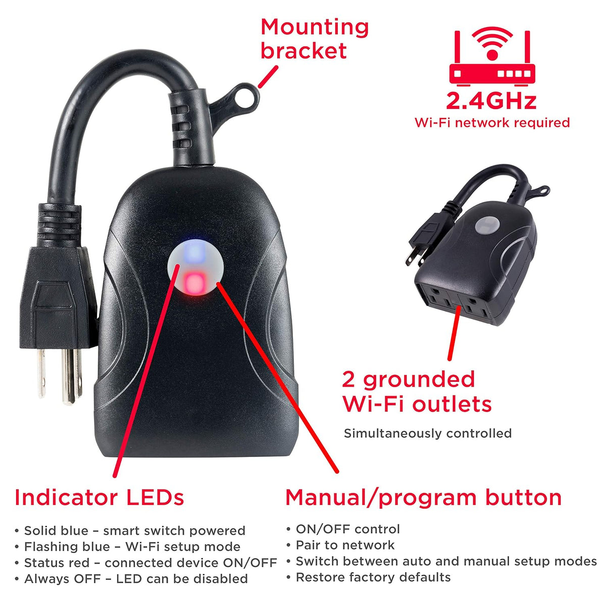 Outdoor Smart Plug, 2 Grounded Outlets, Black, 1 Pack | Outdoor Use, Weather Resistant, Simultaneous Outlet Control