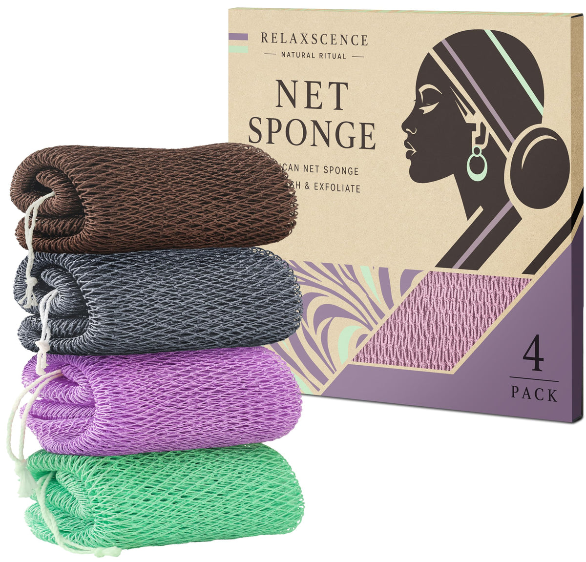 African Net Sponge Authentic - 4 Pack Exfoliating Body Scrubber Bath Sponge - Loofah Washcloth Back Scrub for Shower