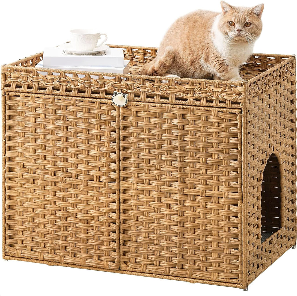 Cat Litter Box Enclosure, Extra Large Hidden PE Rattan Natural