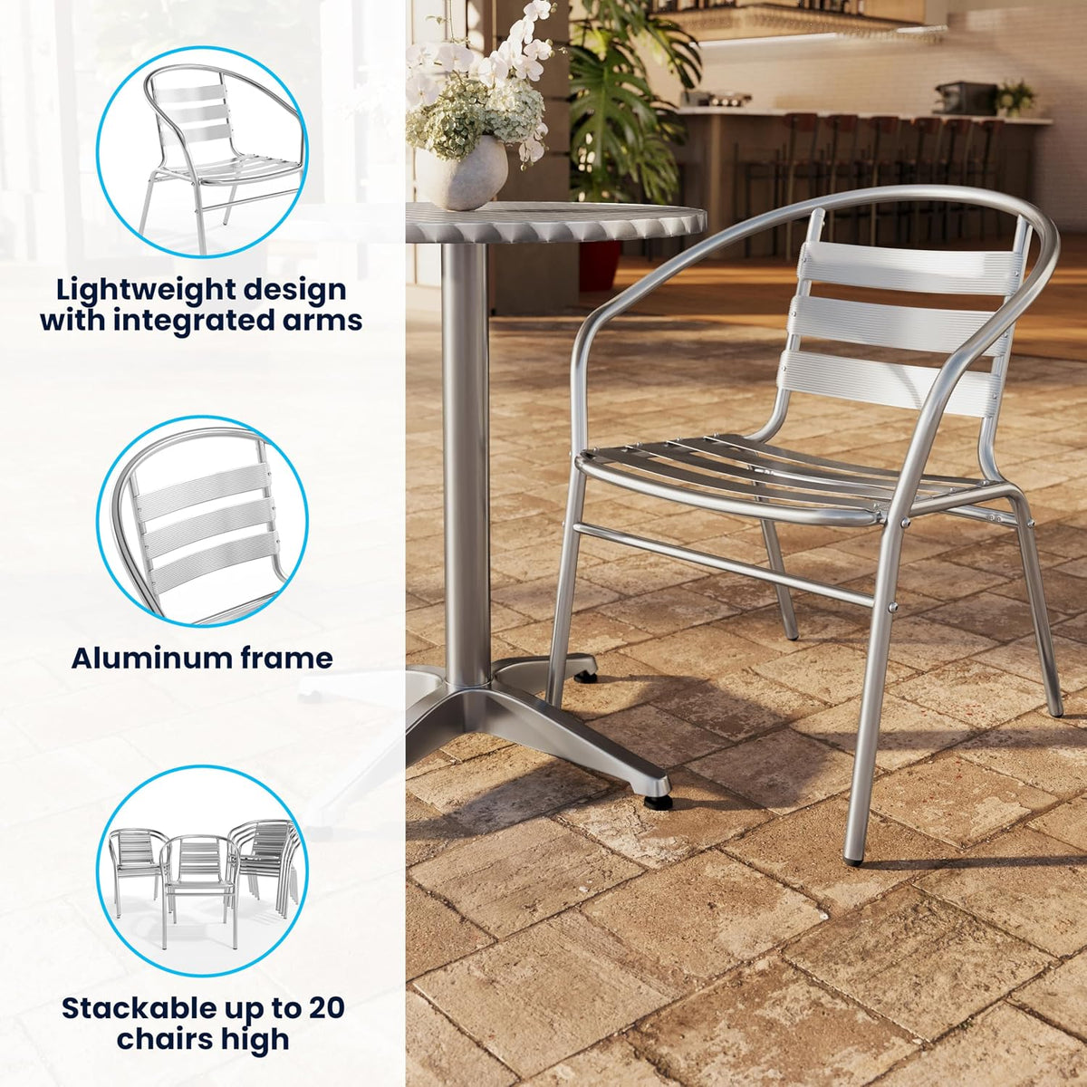 Aluminum Indoor-Outdoor Stack Chair with Triple Slat Back
