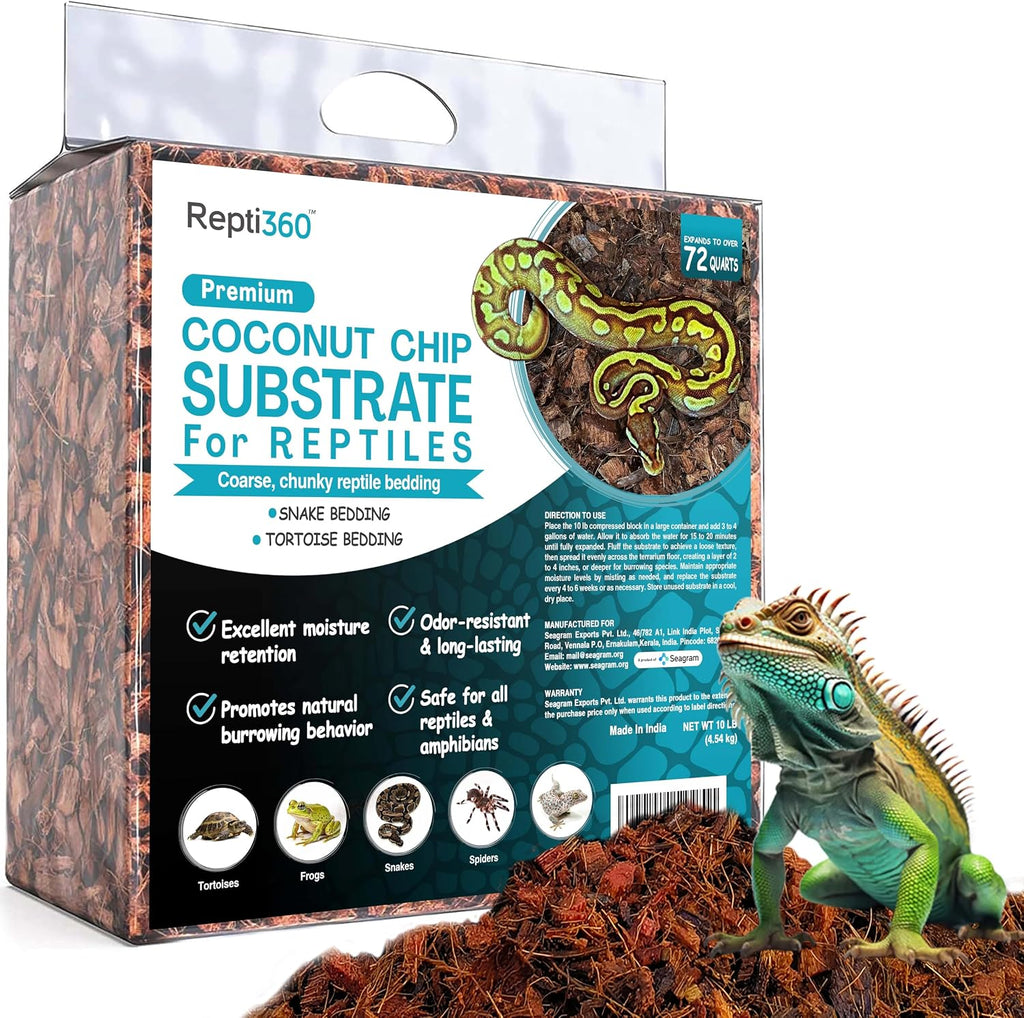 Premium Coconut Chip Substrate for Reptiles | 10 lb Compressed Block Expands up to 72 Quarts | Natural Bedding for