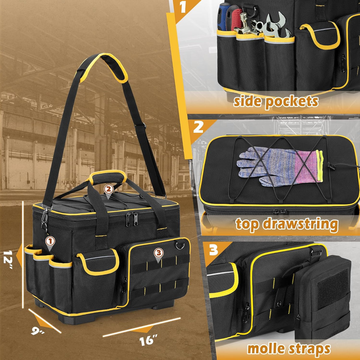 16-inch Tool Bag with Hard Bottom and a Detachable Divider, Heavy Duty Tool Tote with Multiple Pockets, Black