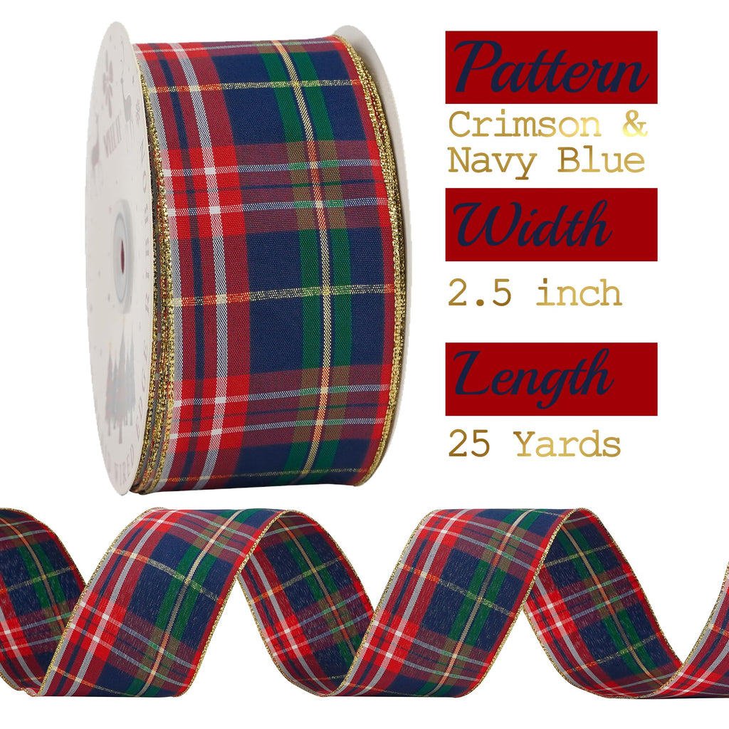 Tartan Plaid Wired Ribbon 2-1/2" Wide with 25 Yards Red Crimson & Navy Blue Scottish Plaid with Metallic Threads