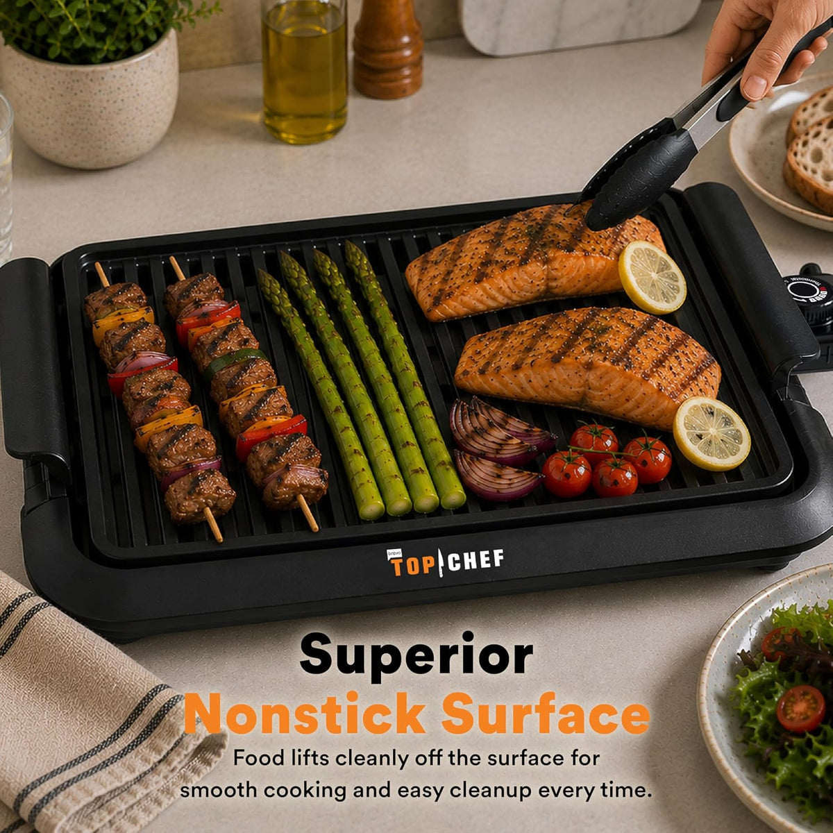 Top Chef Smokeless Indoor Grill with 15x10-Inch Nonstick Grilling Surface, Adjustable Temperature Control, 1200W Fast