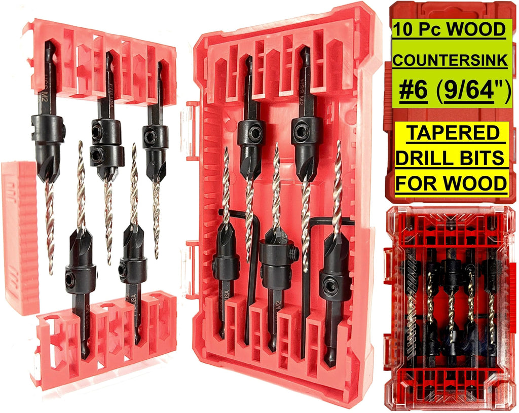 FTG USA 10 Pc #6 (9/64") Countersink Drill Bit Set with Tapered Drill Bits