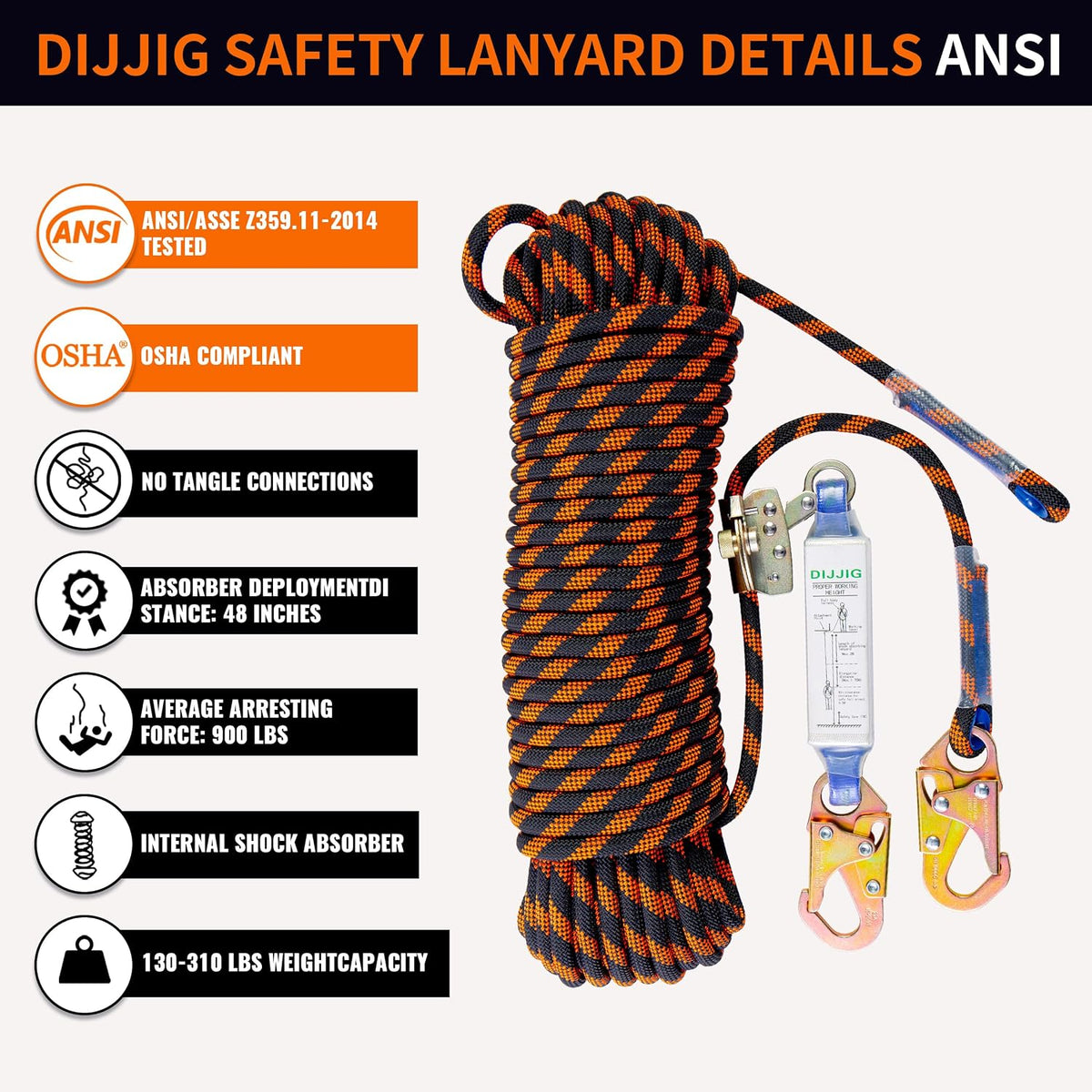 Rope Harness Safety Lanyard 25ft Vertical Roofing Rope With Grab Snap Hooks Shock Absorber Fall Protection Tree