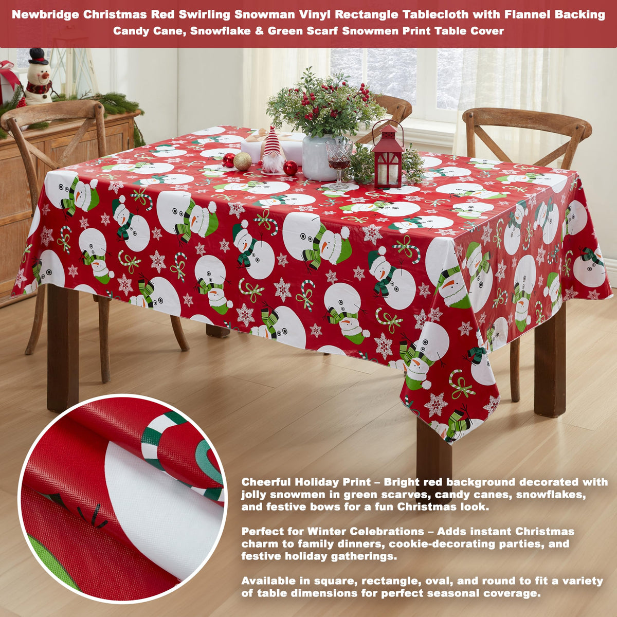Christmas Red Swirling Snowman 52x70 Rectangle Vinyl Tablecloth