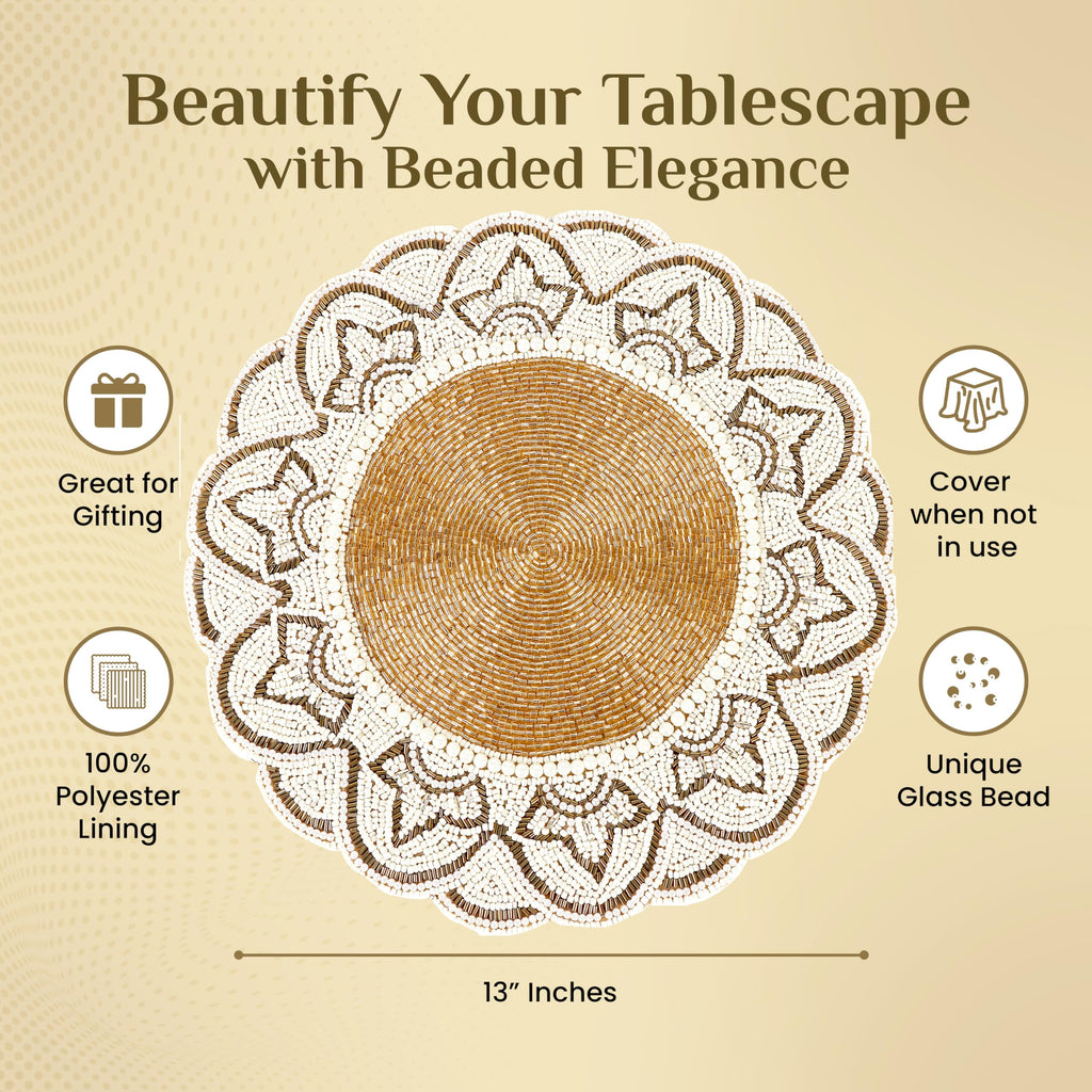 Beaded Placemats 13 Inch Gold Ivory Round Table Chargers