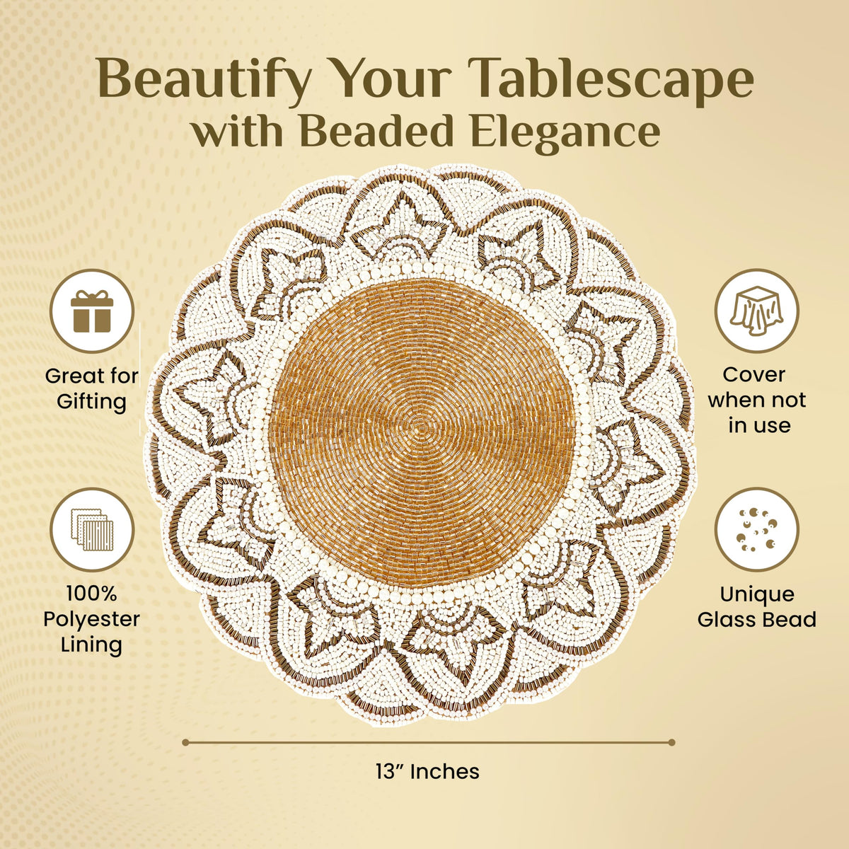 Beaded Placemats 13 Inch Gold Ivory Round Table Chargers