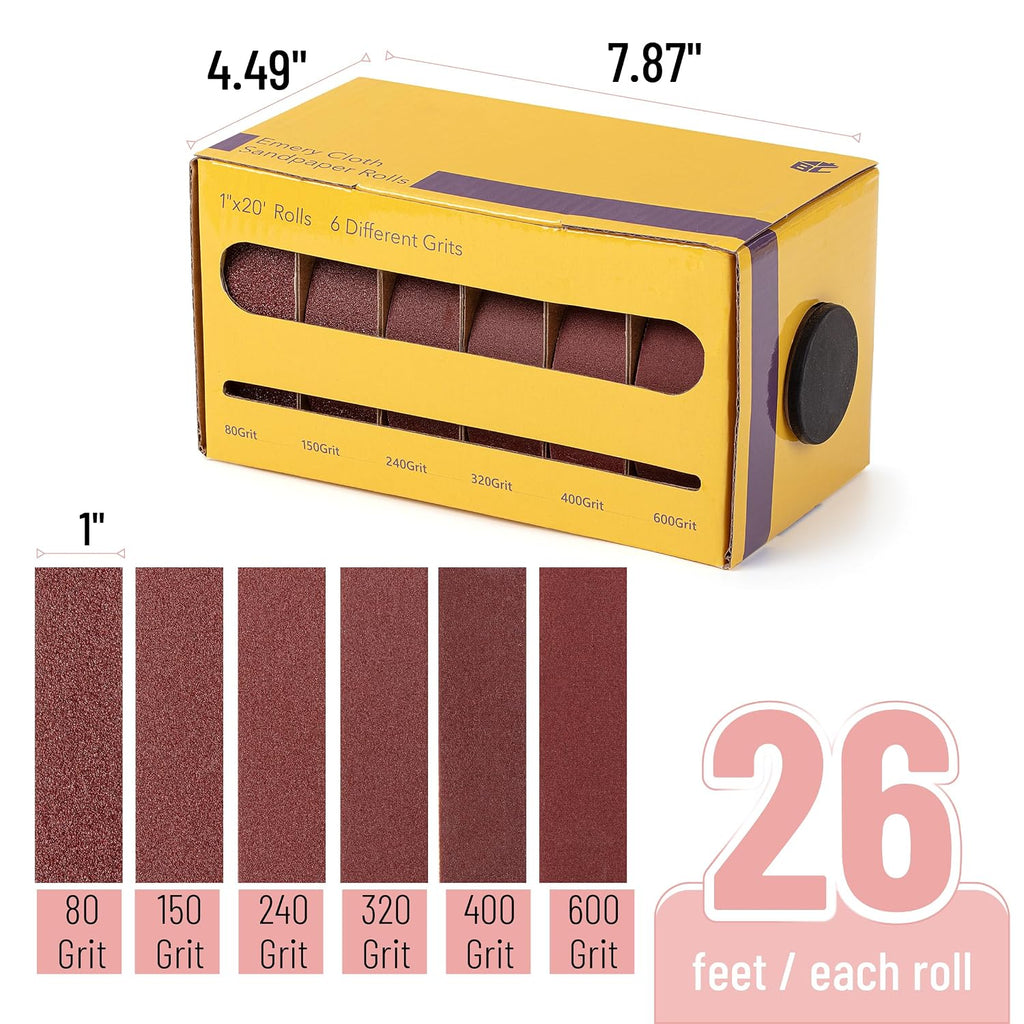 Bates- Emery Cloth Roll, 1" x 26 FT, 6 Grits, 80/150/240/320/400/600 Grit, Abrasive Sandpaper Roll of Sandpaper Set with Dispenser, Emery Cloth for Metal, Wood, Polishing