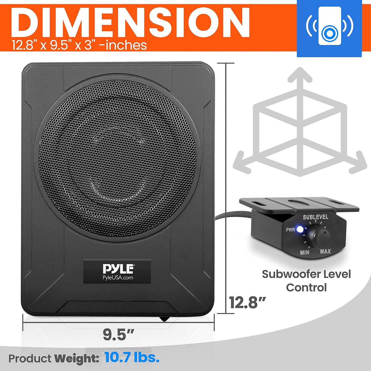 8-Inch Low-Profile Amplified Subwoofer System - 600 Watt Compact Enclosed Active Underseat Car Audio Subwoofer with