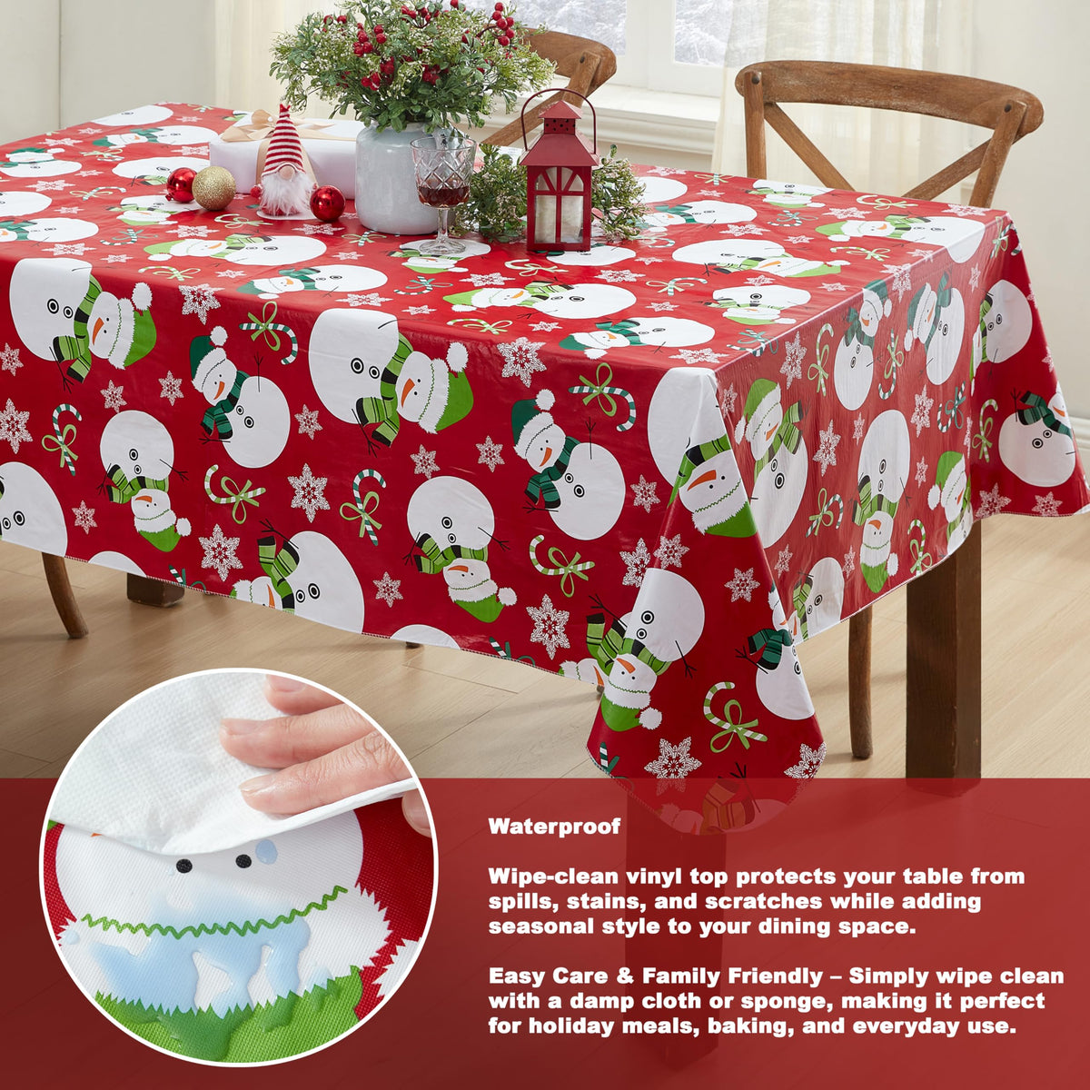 Christmas Red Swirling Snowman 52x70 Rectangle Vinyl Tablecloth