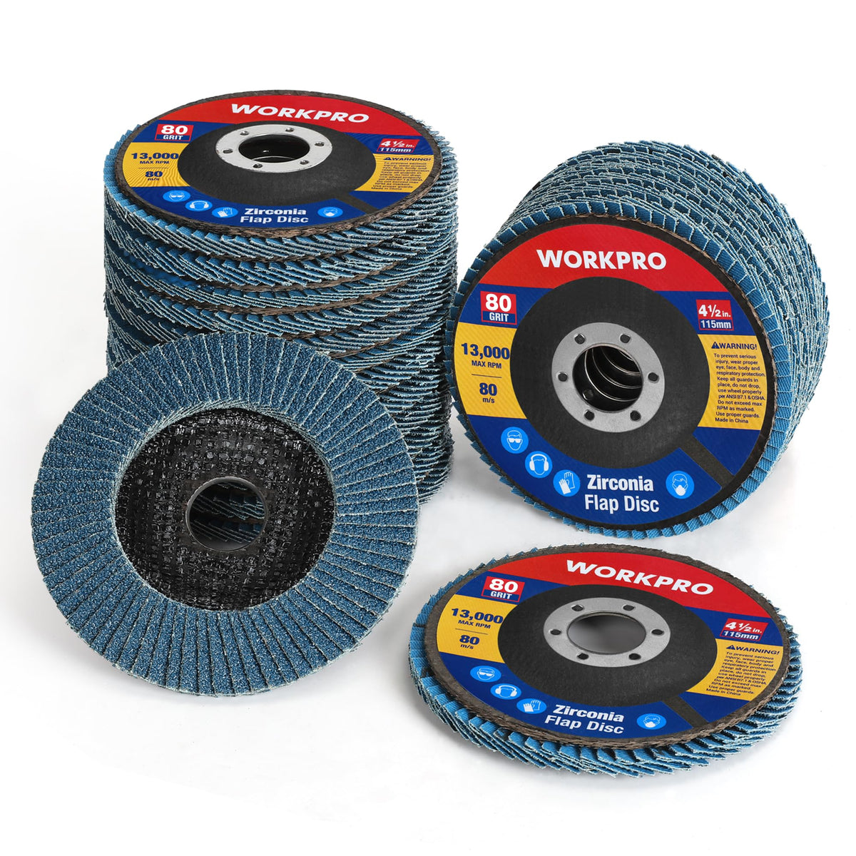 WORKPRO 20-Pack Zirconia Flap Discs, 4-1/2" x 7/8", T29, 80 Grit