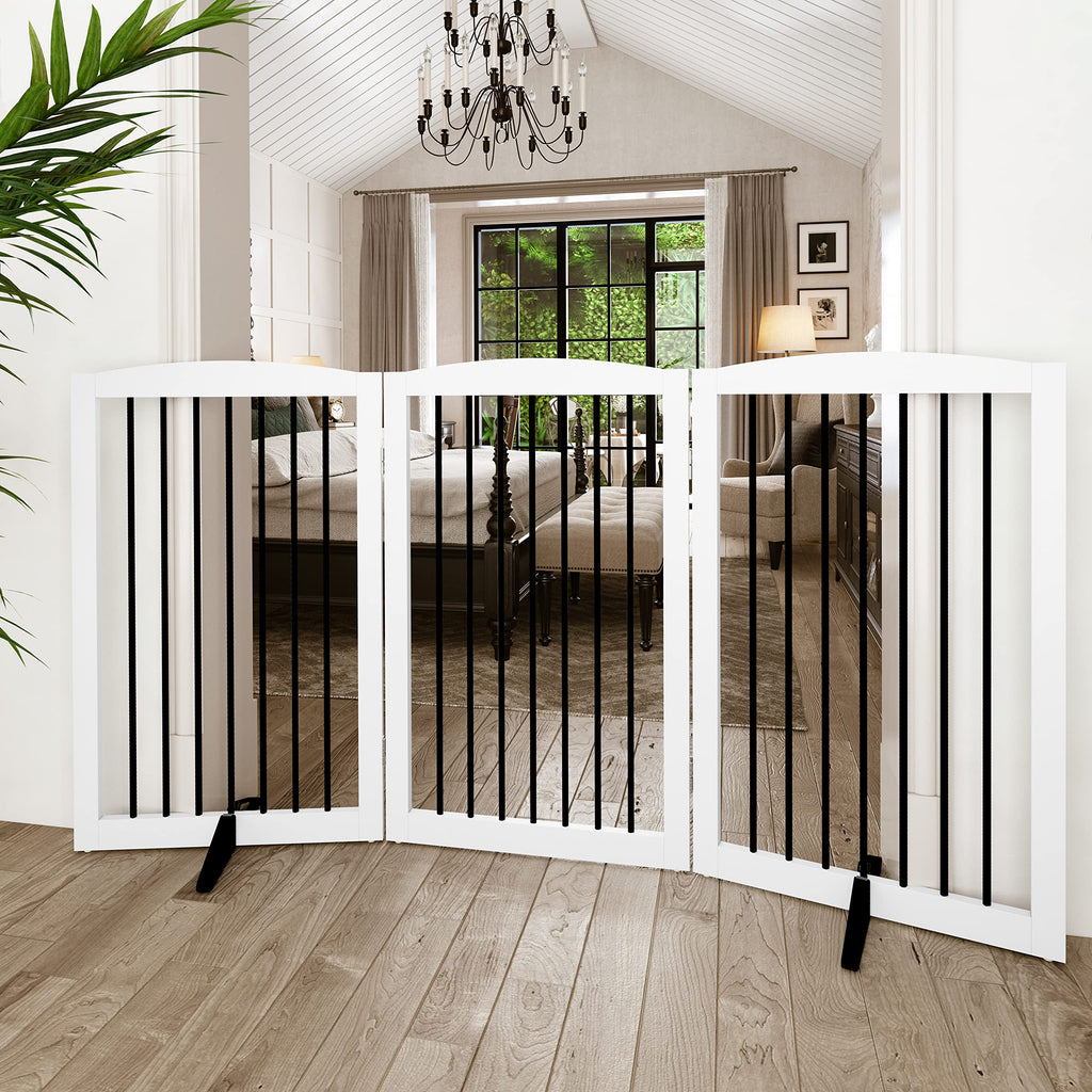 Freestanding Solid Wood Folding Pet & Dog Barrier Gate with Support Feet for Wide Indoor Openings, Hallways & Stairs