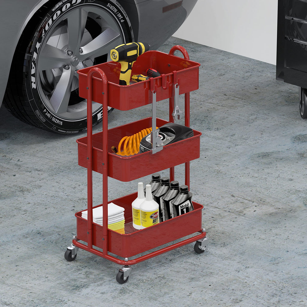 3-Tier Heavy Duty Metal Utility Rolling Cart, Red