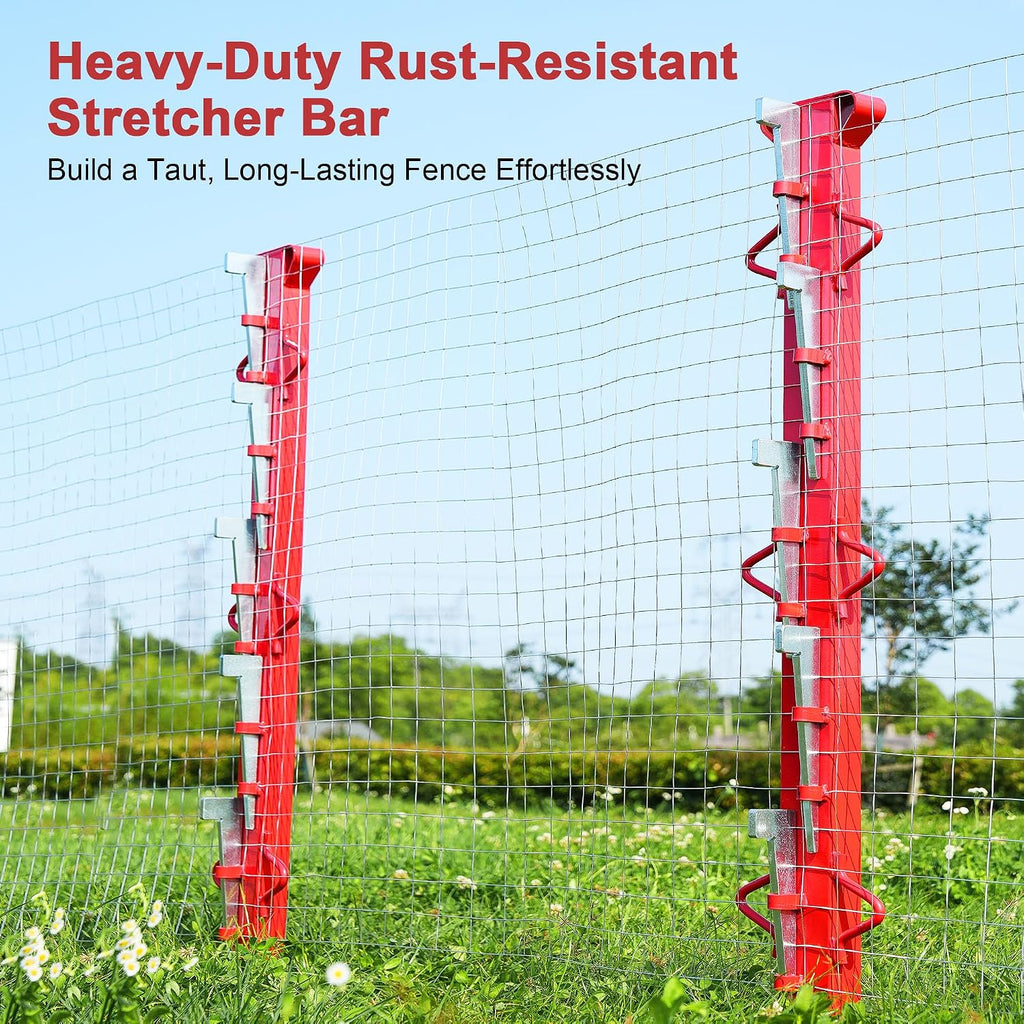 6ft Woven Wire Fence Stretcher Bar with 7 Wedges, Heavy-Duty Carbon Steel Fence Stretcher Tool Wire Puller, Red