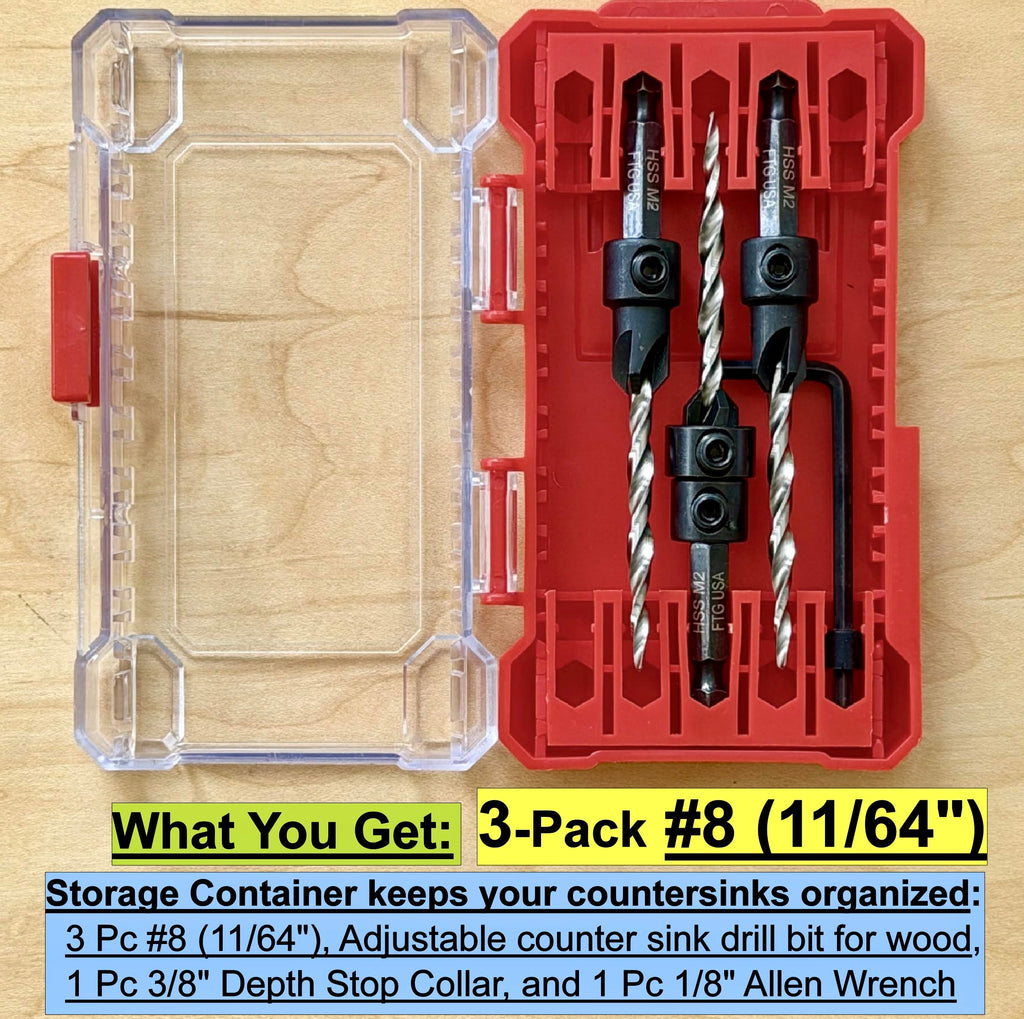 FTG USA 3-Pk #8 (11/64") Countersink Drill Bit Set, 1 Stop, 1 Wrench & Case