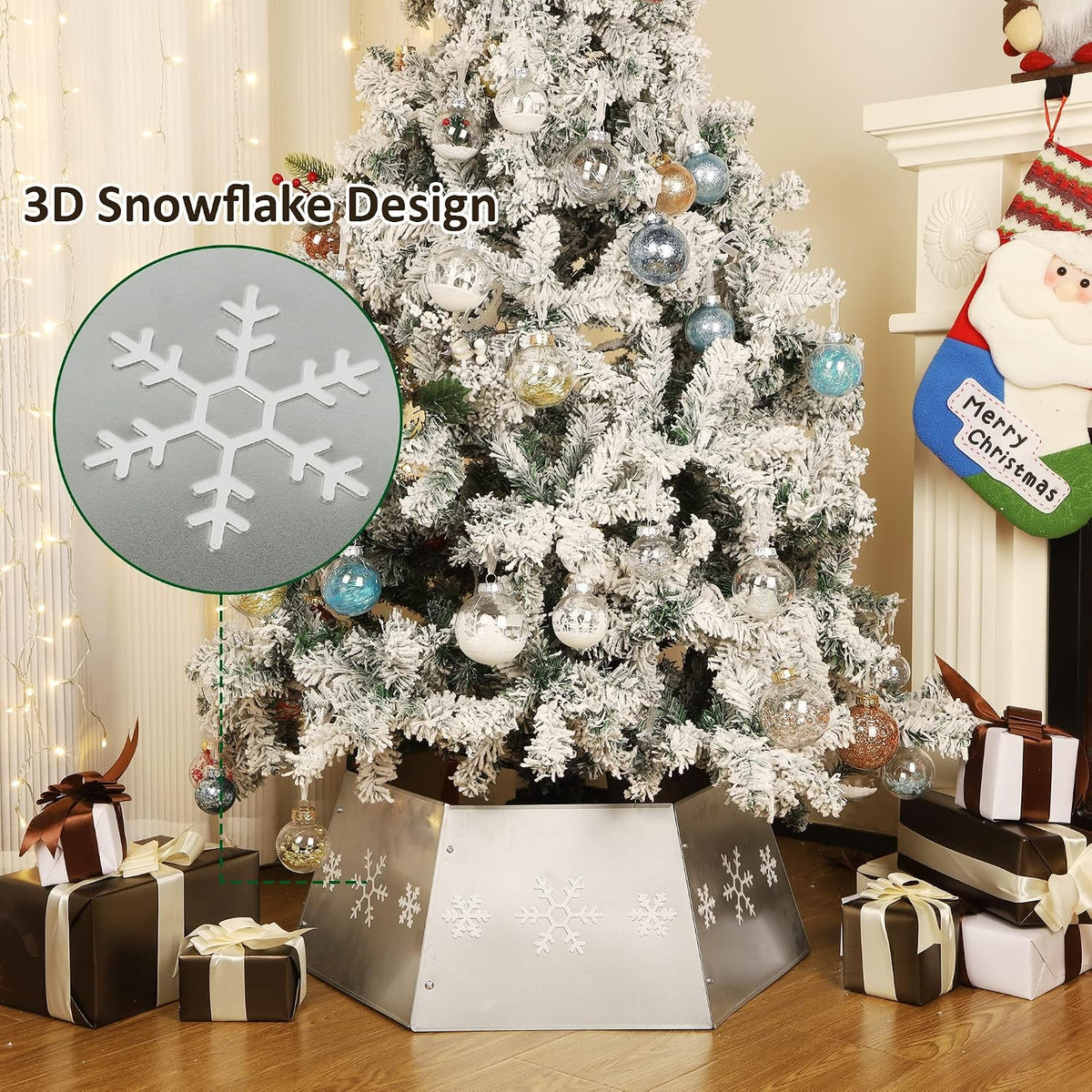 Metal Christmas Tree Ring, Christmas Tree Collar with Printed Snowflake, Willow Tree Skirt Base Stand for Christmas