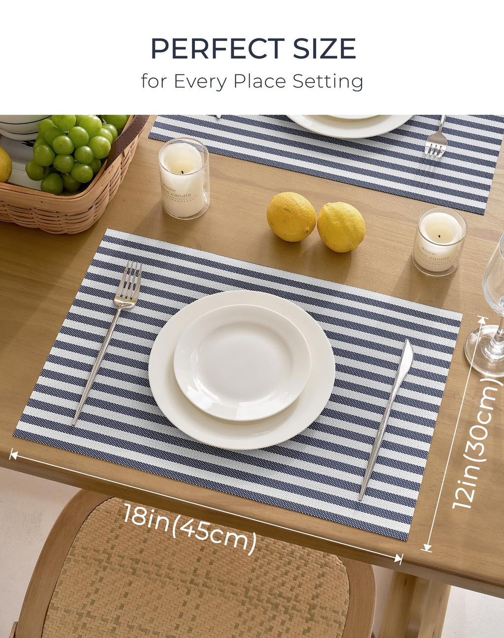 Blue White Striped Woven Vinyl Placemats Set of 24