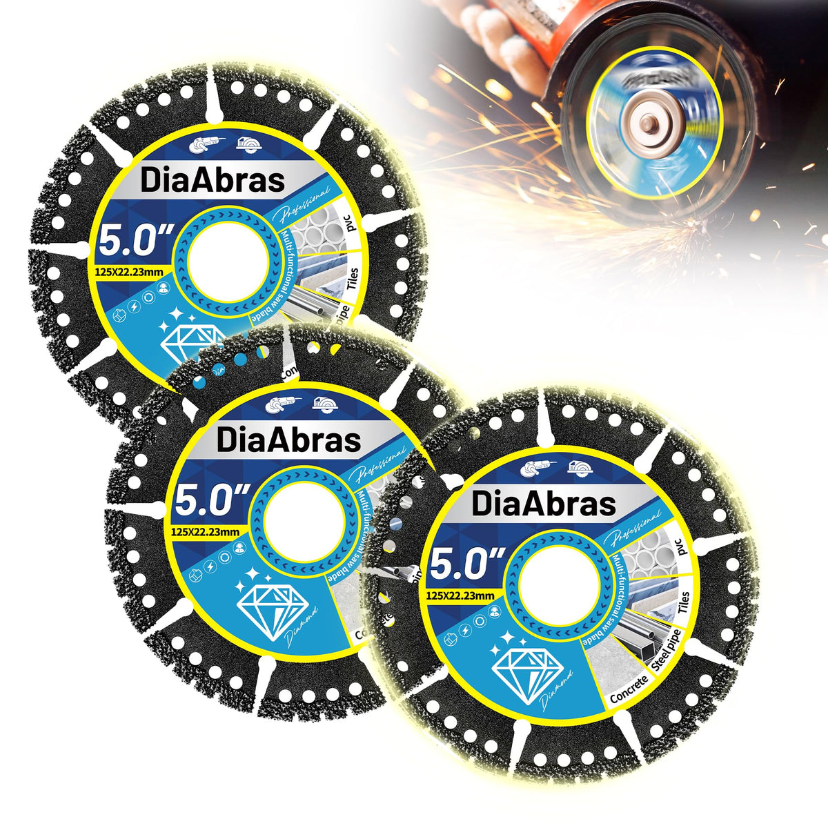 3-Pack 5" Diamond Multi-Purpose Saw Blades,Diamond Blade for Heavy Duty Angle Grinder Versatile Cutting Discs 7/8" Arbor for Metal Tile Marble Quartz Stone Metal Plastic Wet or Dry Use