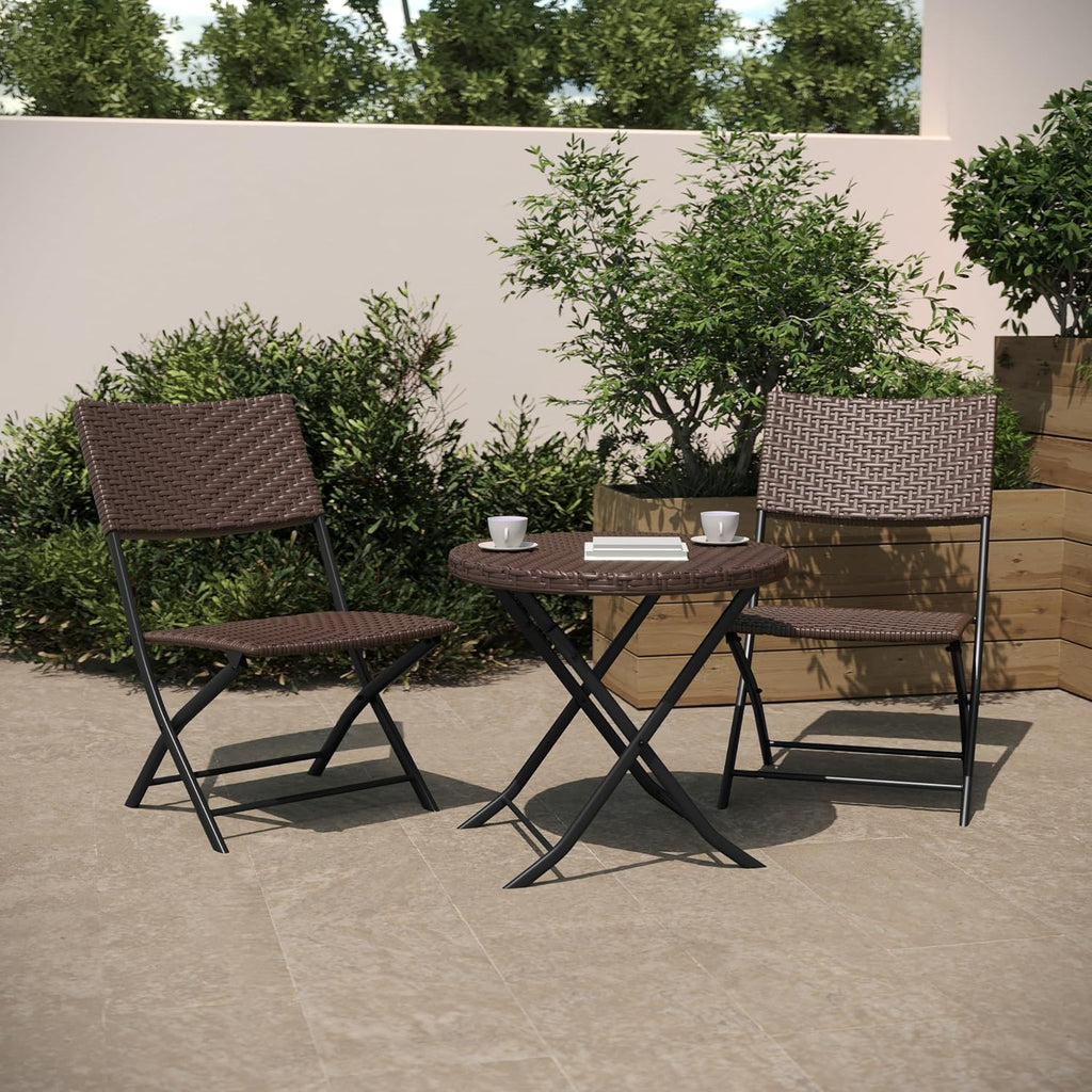 Three Piece Commercial Grade Foldable Bistro Set, Indoor/Outdoor PE Rattan Back, Seat and Table Top, Brown with Black