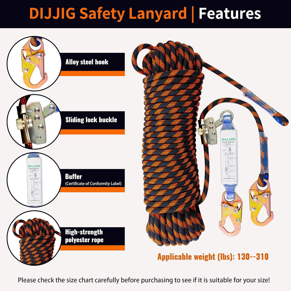 Rope Harness Safety Lanyard 25ft Vertical Roofing Rope With Grab Snap Hooks Shock Absorber Fall Protection Tree