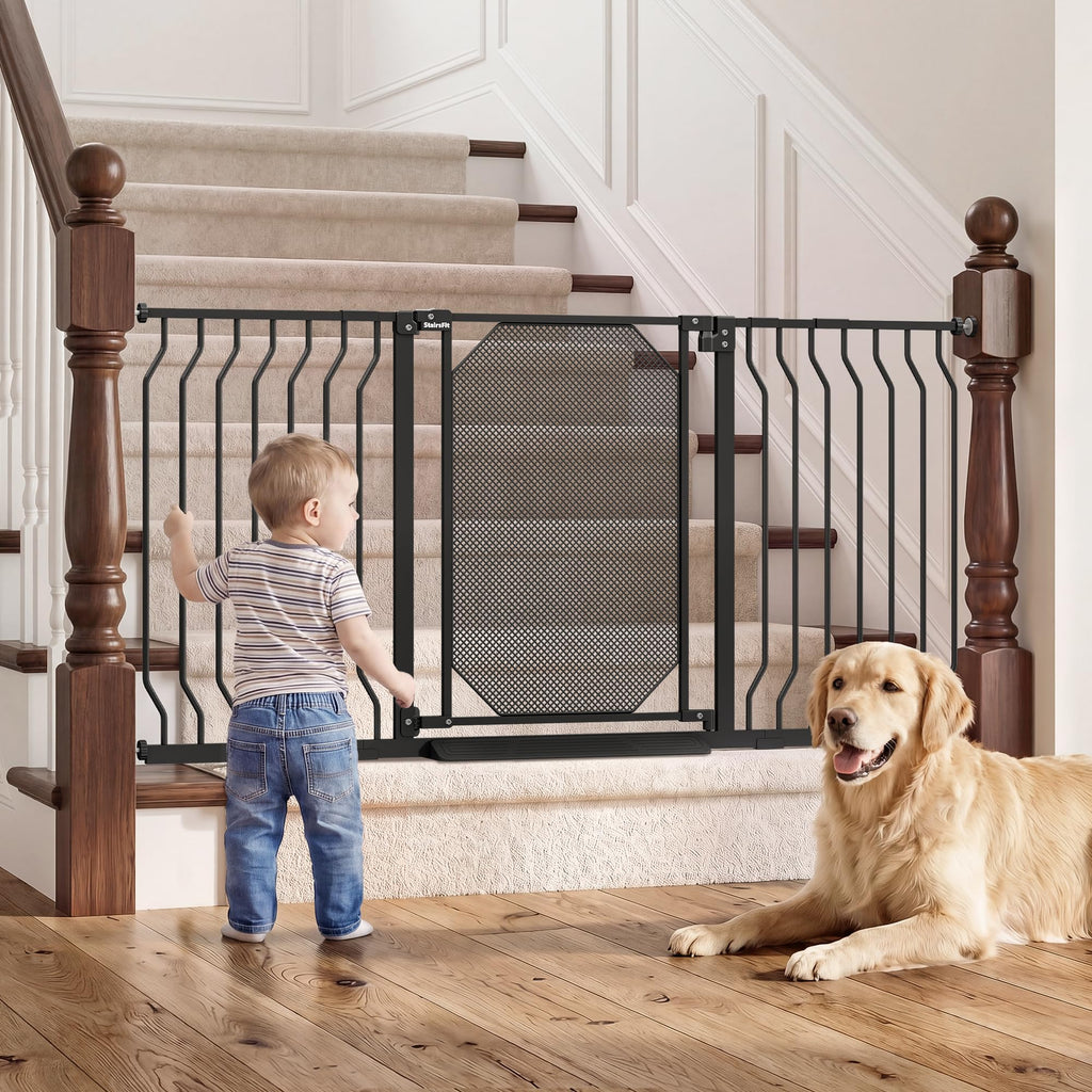 30-62.5" Extra-Wide Adjustable Hardware/Pressure-Mounted Pet & Child Safety Gate with Auto-Close Walk-Through Door for Stairs, Hallways & Wide Doorways — Black