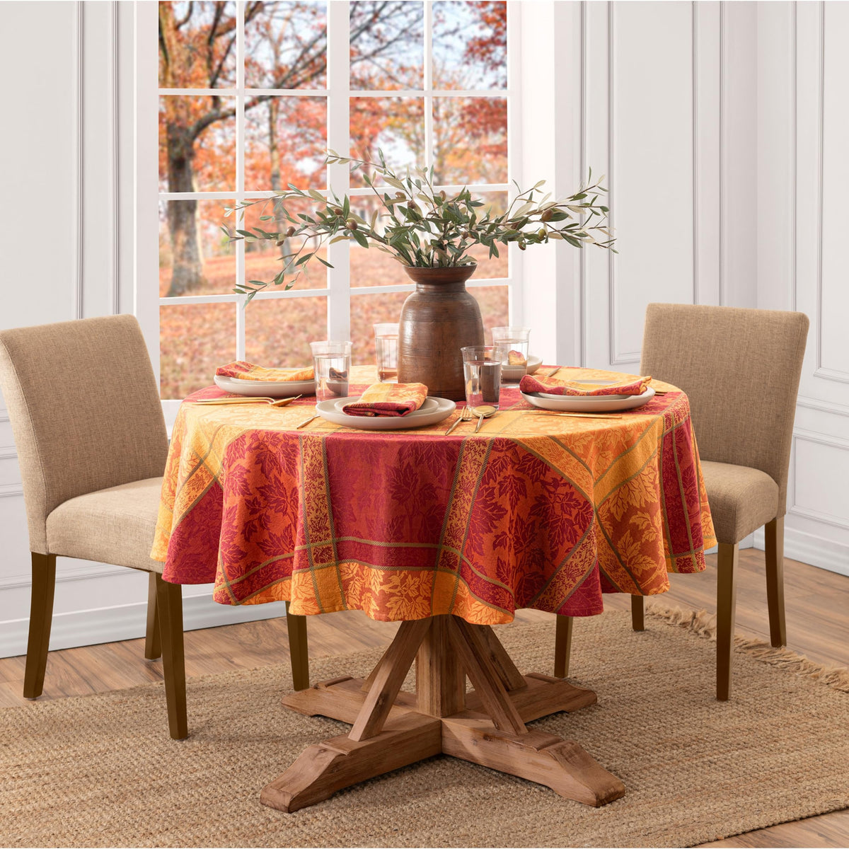 Maplewood Jacquard Harvest Cotton Tablecloth, Multicolor - 70" W x 70" L Round