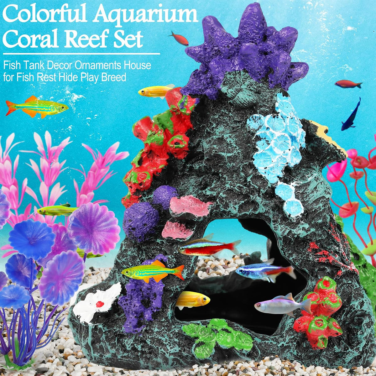 Fish Tank Plants, 7 Pieces Colorful Aquarium Plants and Coral Reef Set for Fish Tank Decoration, Mountain Cave