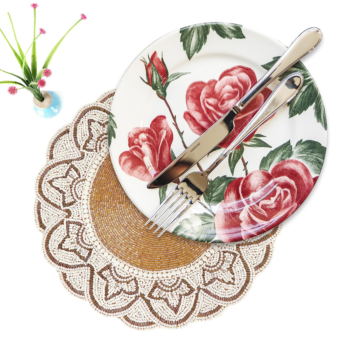 Beaded Placemats 13 Inch Gold Ivory Round Table Chargers