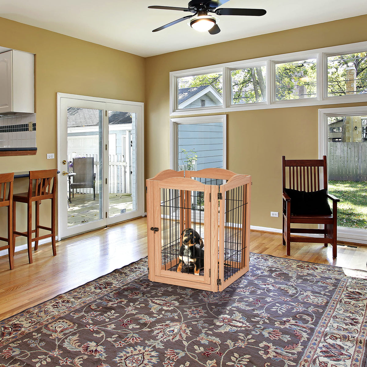 80" Wide x 31.5" Tall 4-Panel Freestanding Solid Wood 360° Configurable Pet & Dog Barrier Gate with Walk-Through Swing Door for Wide Indoor Openings, Hallways & Stairs