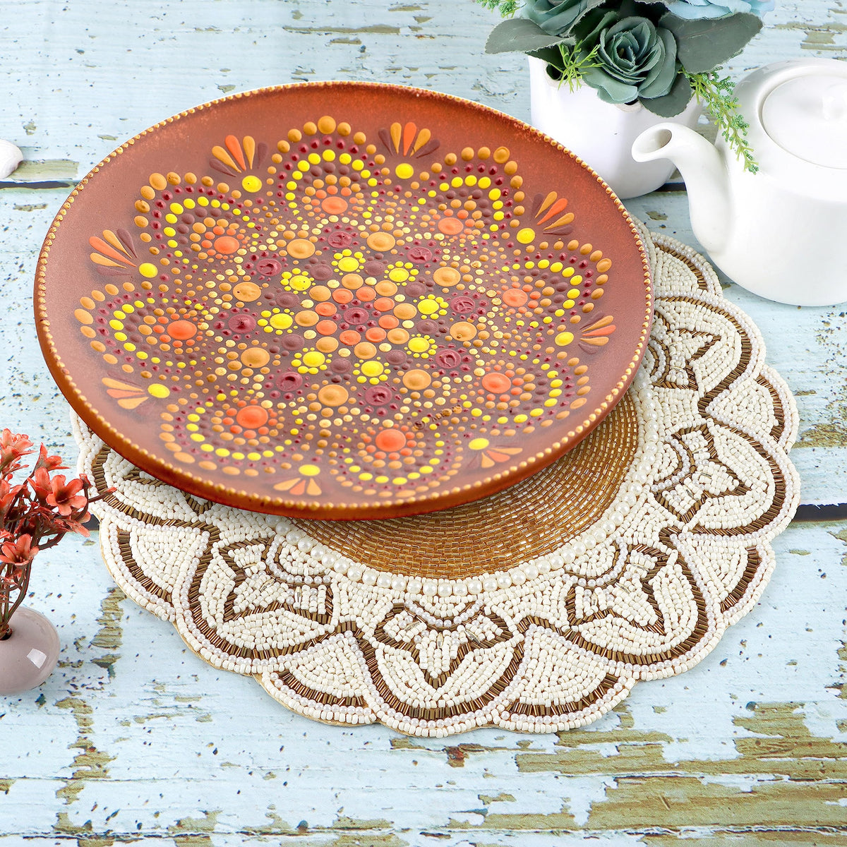 Beaded Placemats 13 Inch Gold Ivory Round Table Chargers