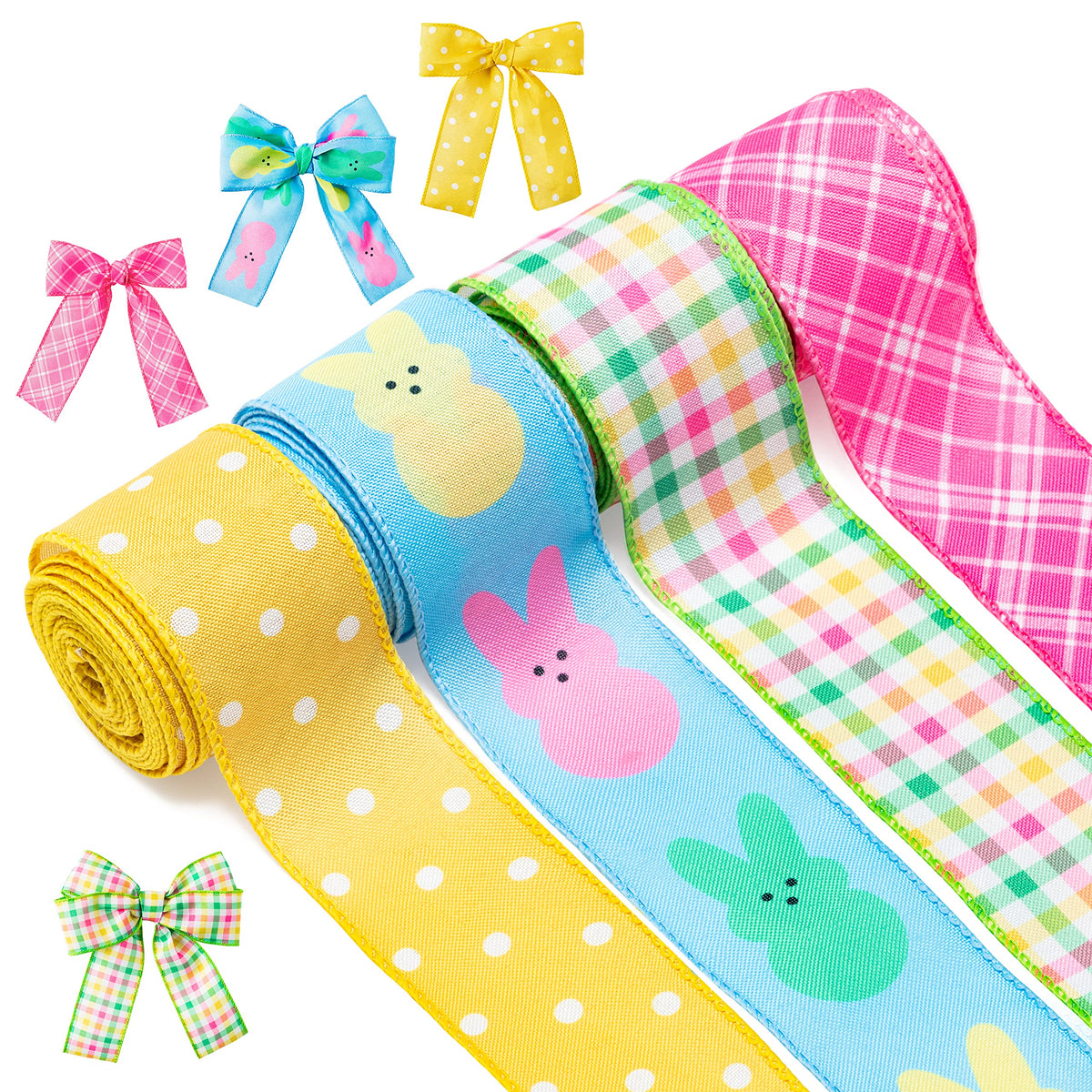 4PCS Easter Spring Pastel Wired Ribbon Rolls, Easter Bunny Wired Edge Ribbons, Decorative Wrapping Ribbon for Gift